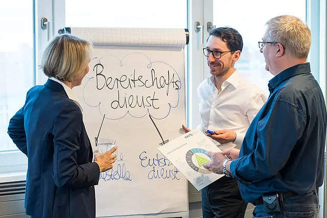 Drei Personen vor einem Flipchart